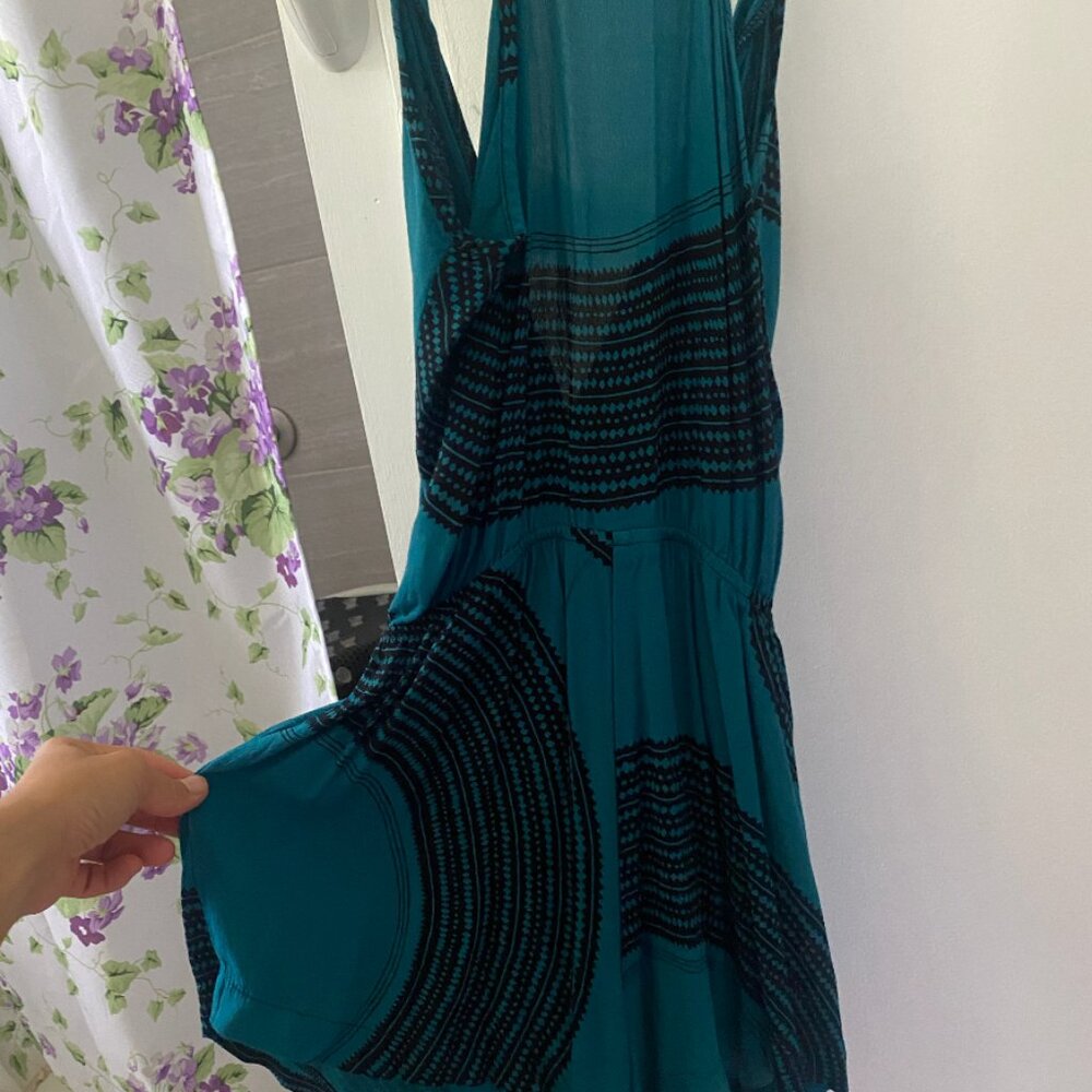 Teal Sleeveless Jumpsuit with Patterned Trim - Picture 3 of 3
